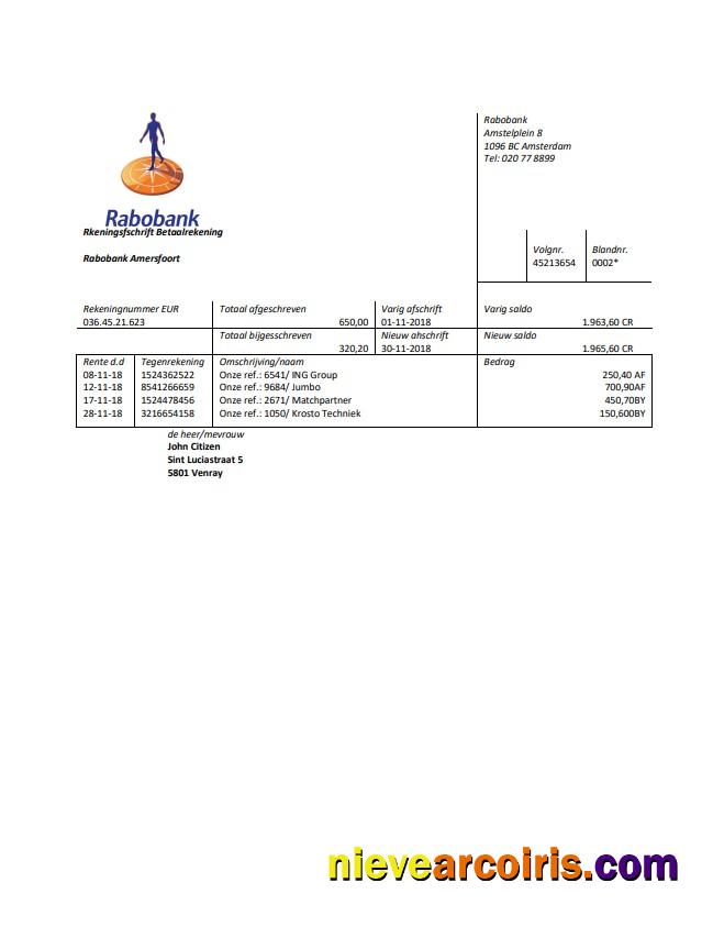 Netherlands Rabobank bank statement easy to fill in Word and PDF format